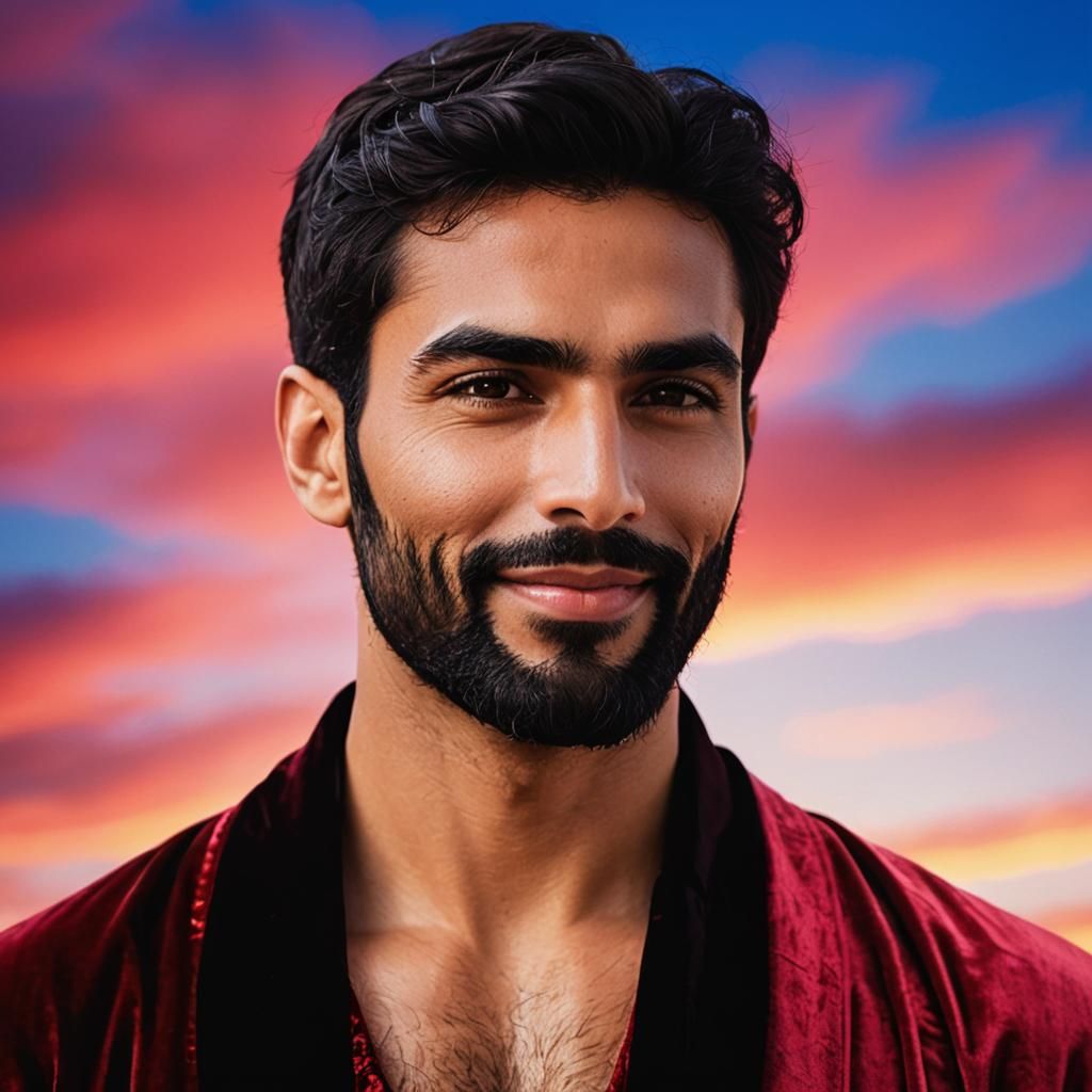 Smiling Man in Red Velvet Robe: Digital Portrait