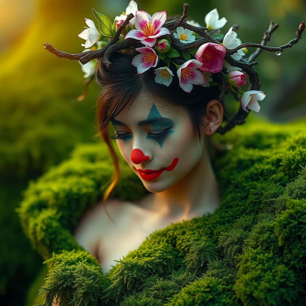 Mystical Forest Clown Portrait with Floral Crown