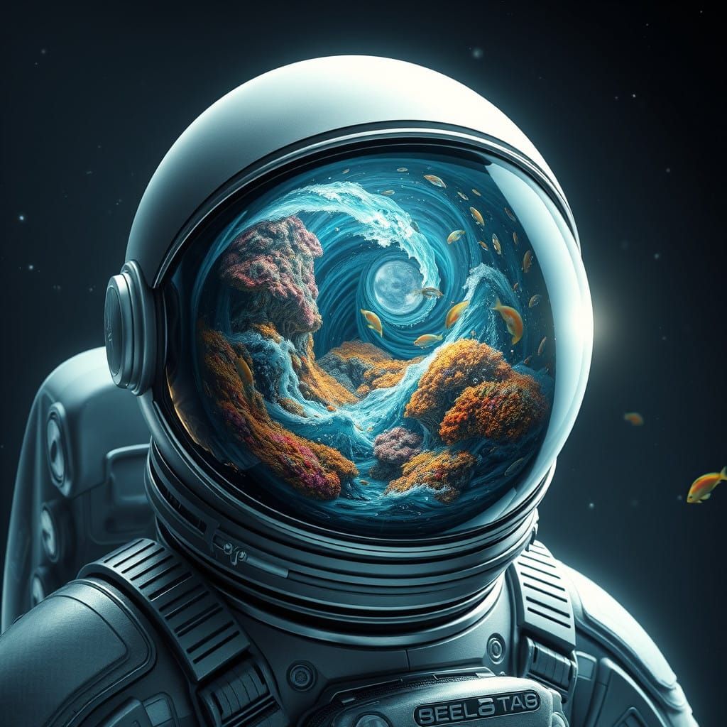 Astronaut Enveloped by Dreamlike Oceanic Scene within Helmet