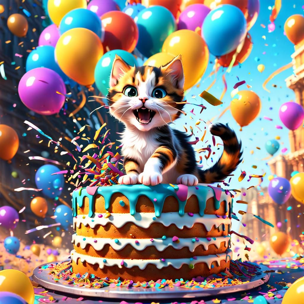 Calico Kitten Bursts Through Birthday Cake
