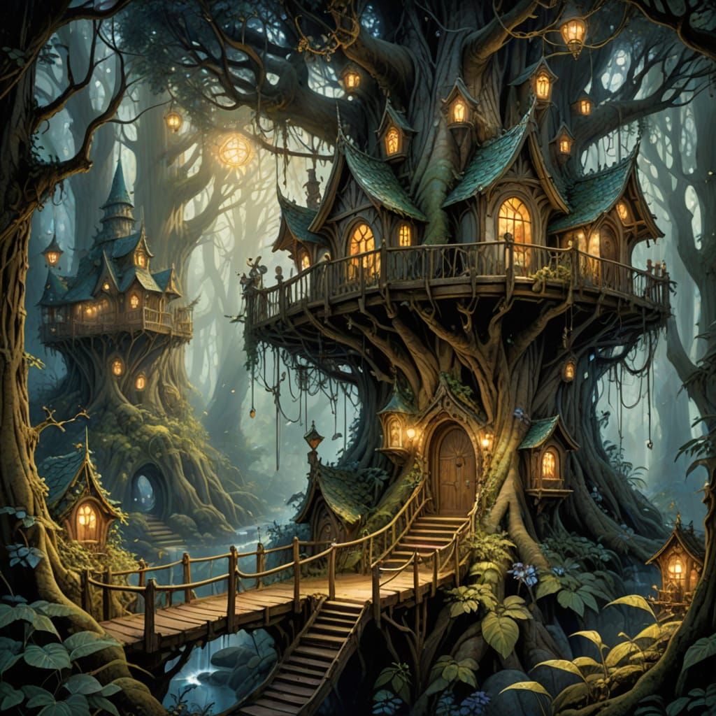 Whimsical Fantasy Village in a Giant Sequoia