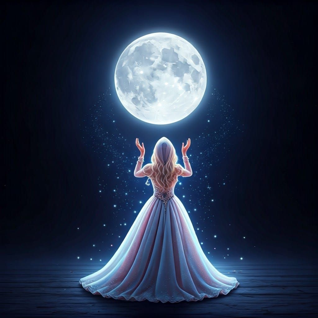 Miniature Woman's Passionate Gaze at Magic Moon