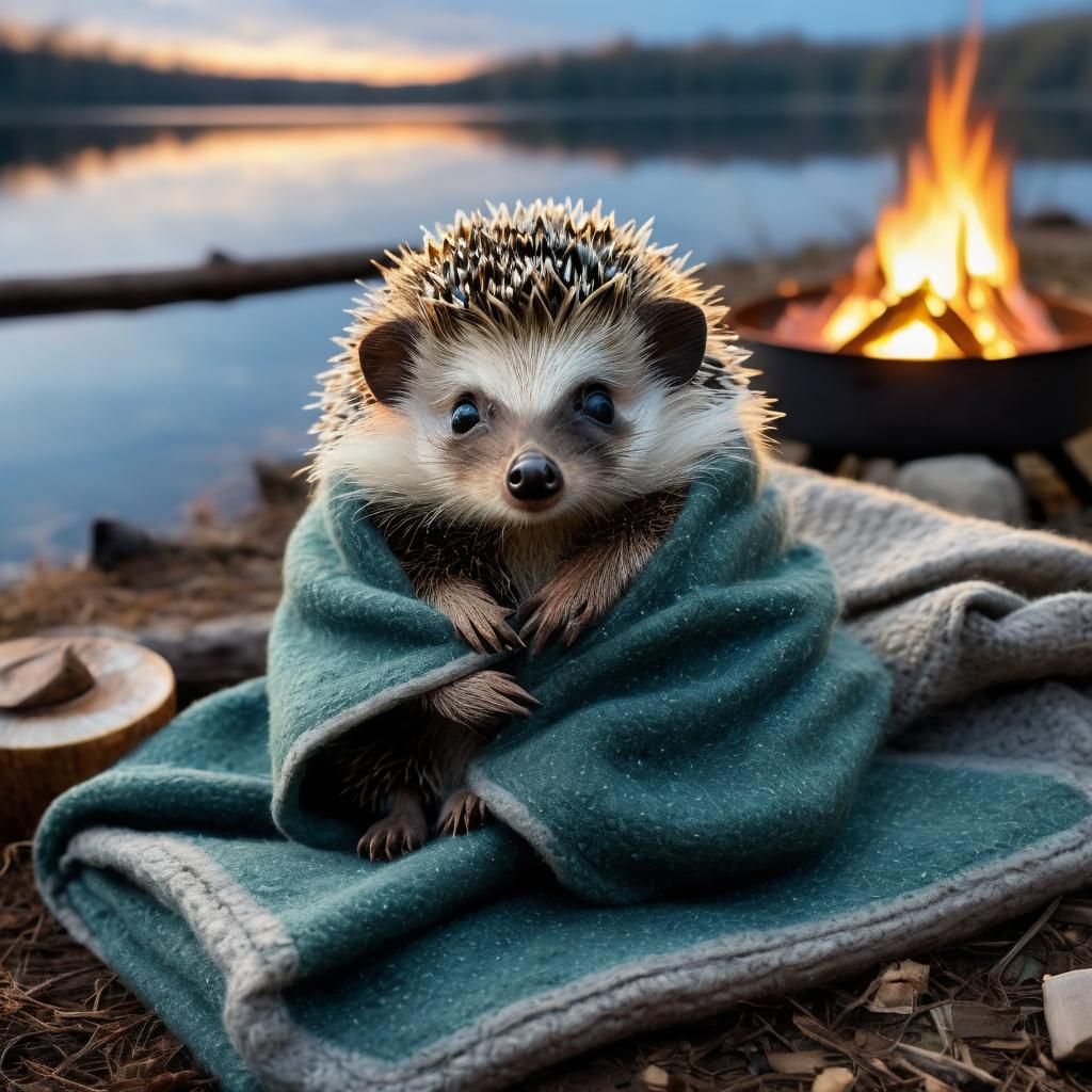 Cozy Hedgehog with Goggles near Campfire