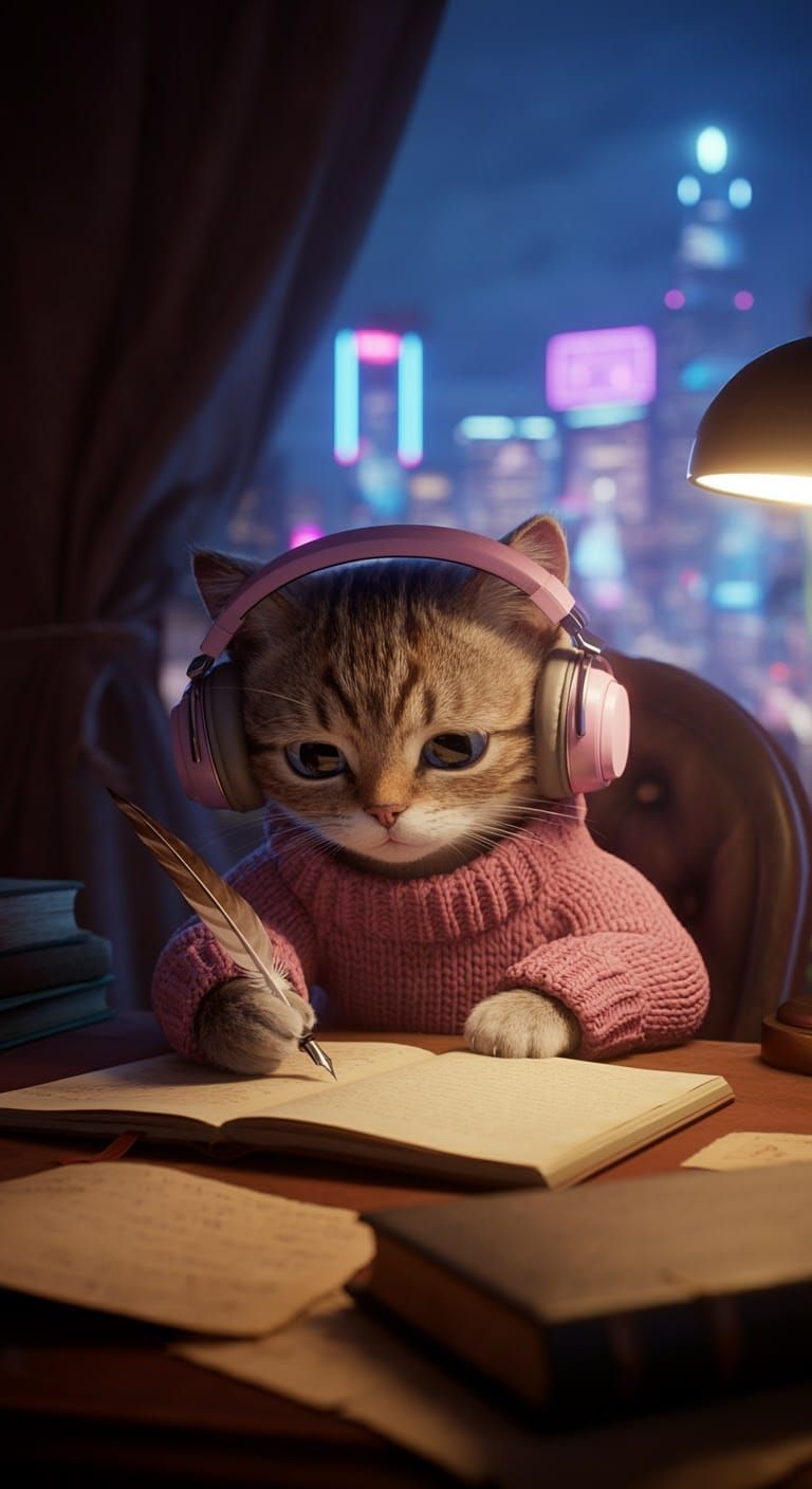 Anthropomorphic Kitten Writing in Cozy Room at Dusk