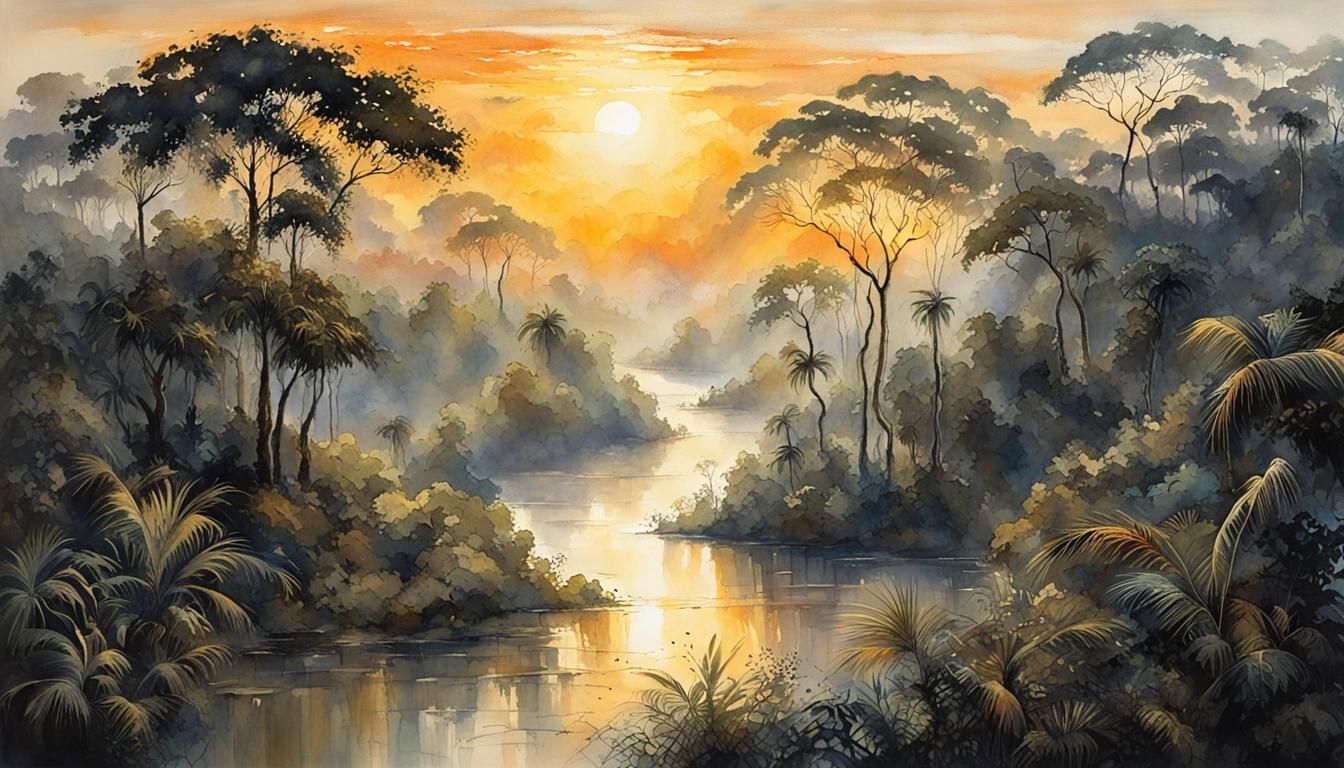 Amazonian Jungle Sunrise in Watercolor Style