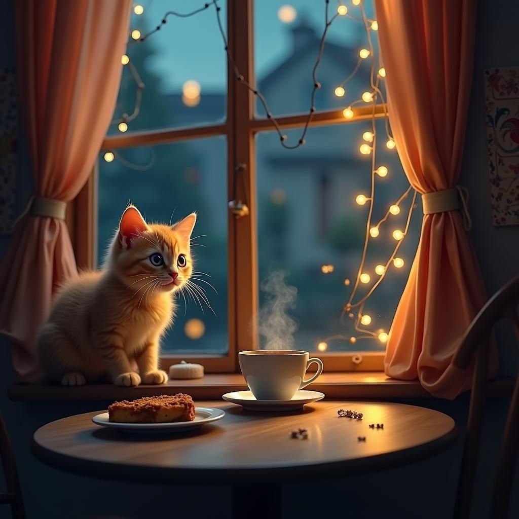 Mischievous Kitten in Cozy Café at Night