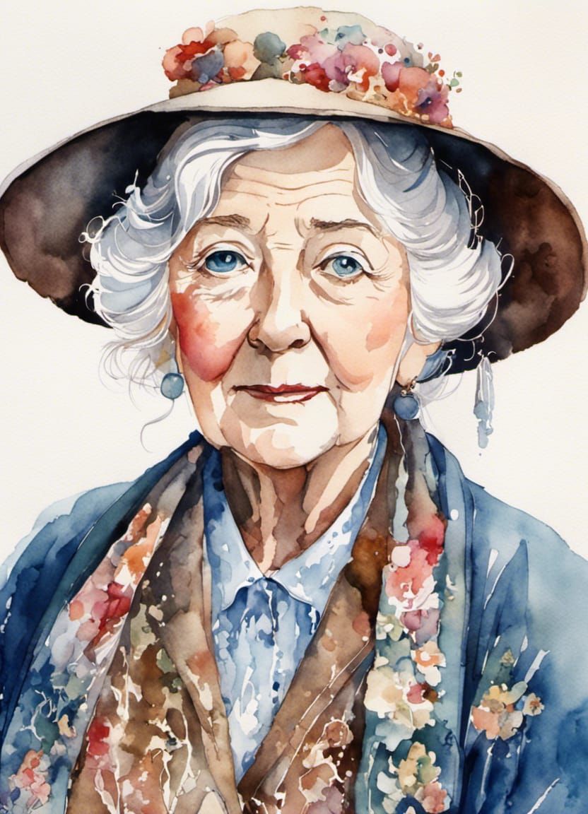 Sweet Old Lady with White Hair as Watercolor