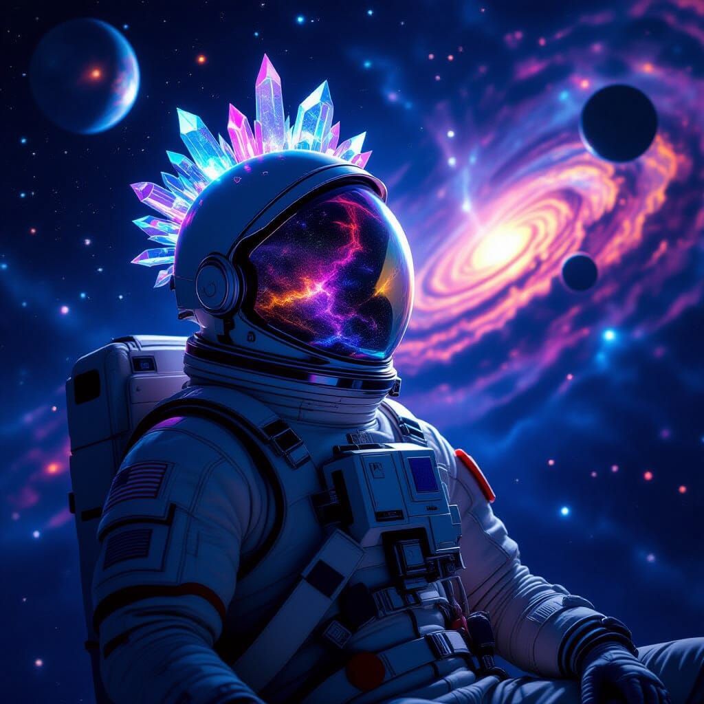 Astronaut with Crystalline Crown in Cosmic Void