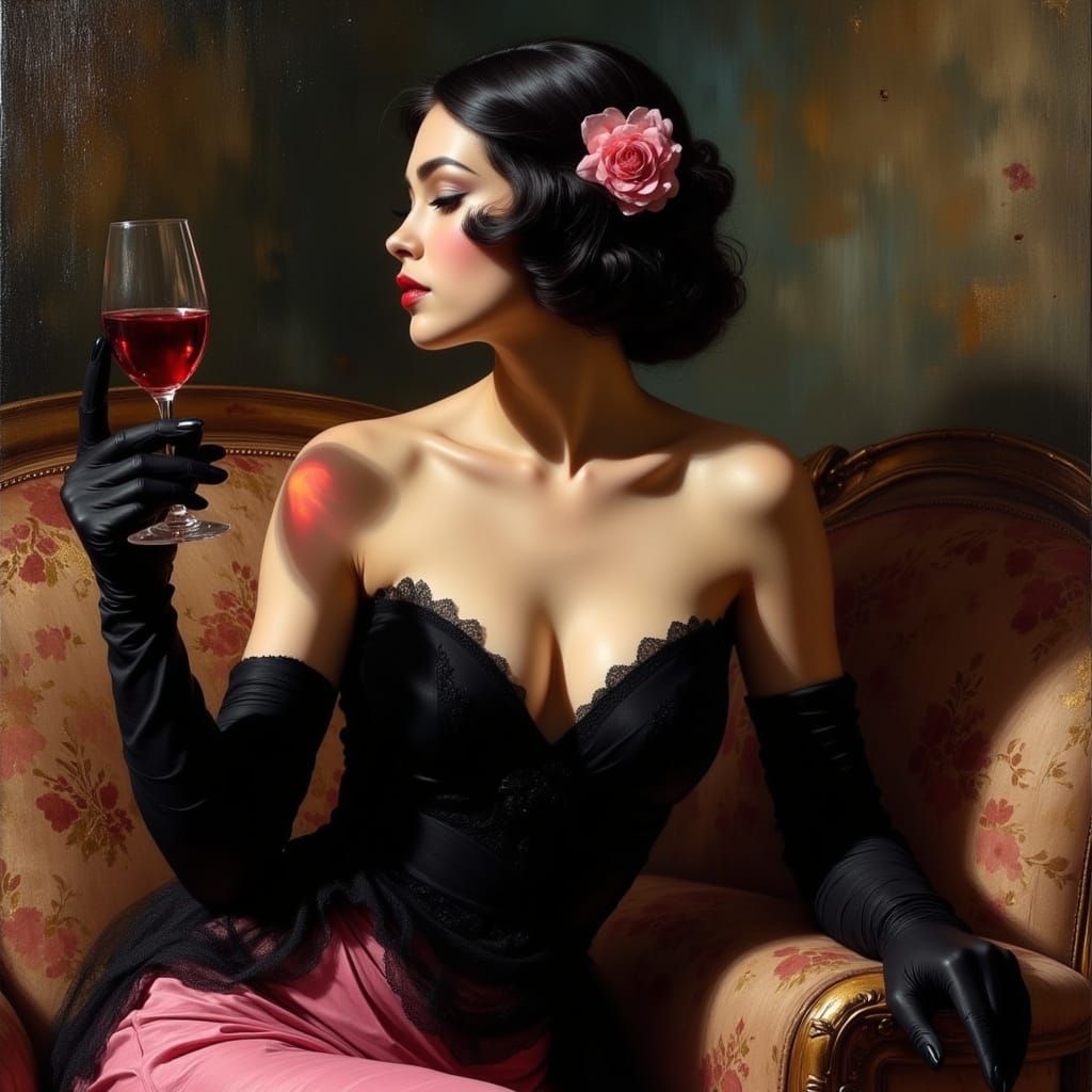 Elegant 1920s Flapper Woman in Black Dress on Vintage Sofa