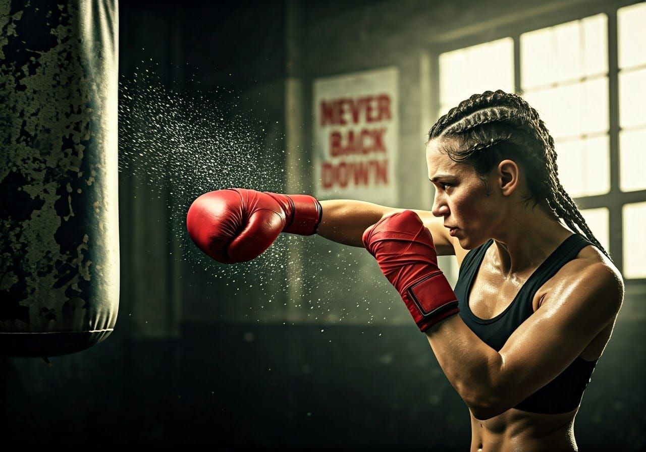 Determined Female Boxer in Motion, Hyperrealistic Closeup