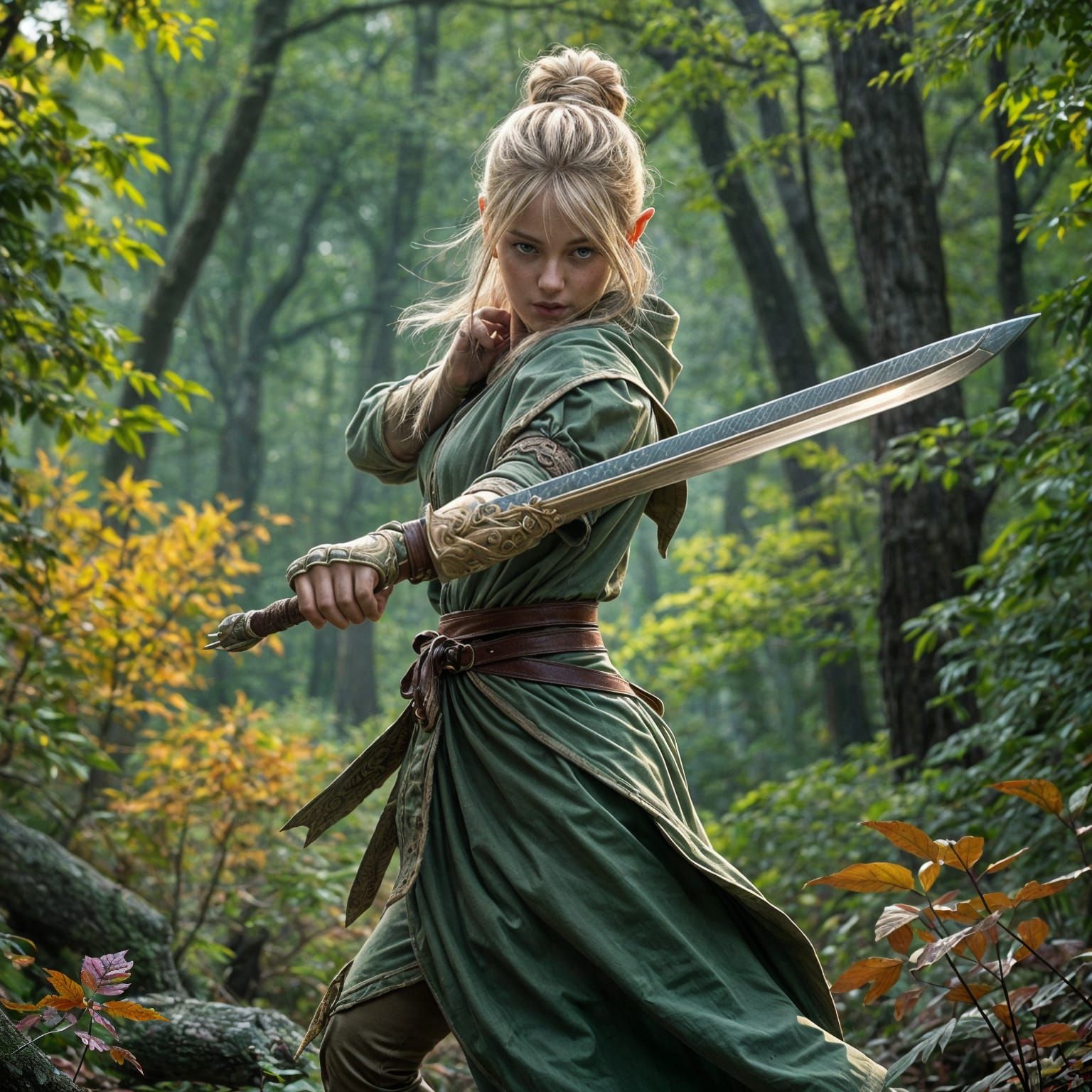 Wood Elf Fighter in Magical Forest Scene