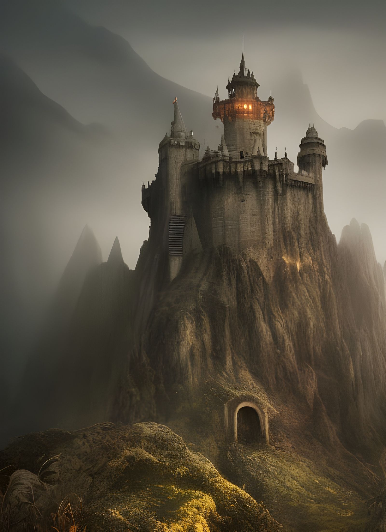 Epic Dread Castle on Mountain Top in Fog