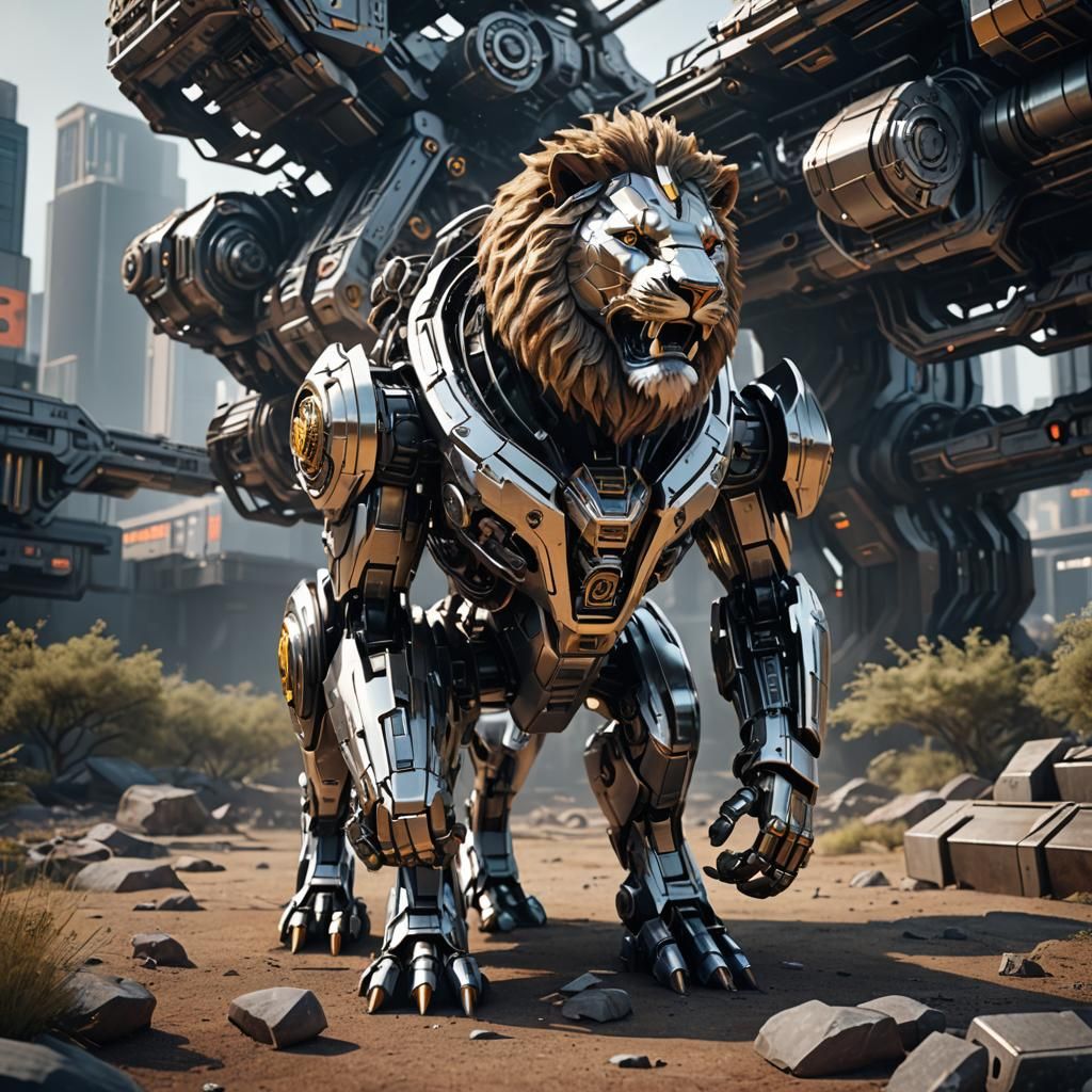 Futuristic Sci-Fi Lion with Intricate Mech Details