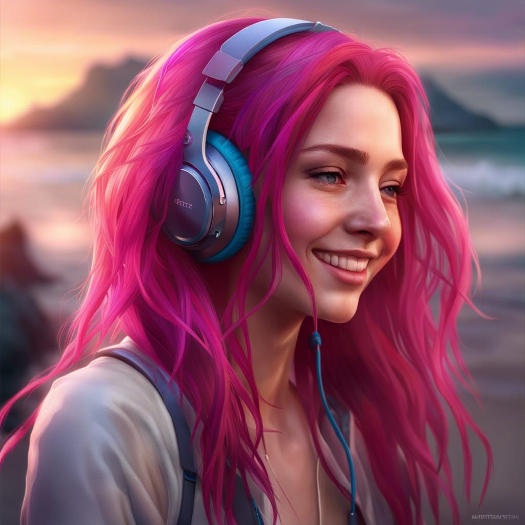 Smiling Girl with Fuchsia Hair, Detailed Portrait