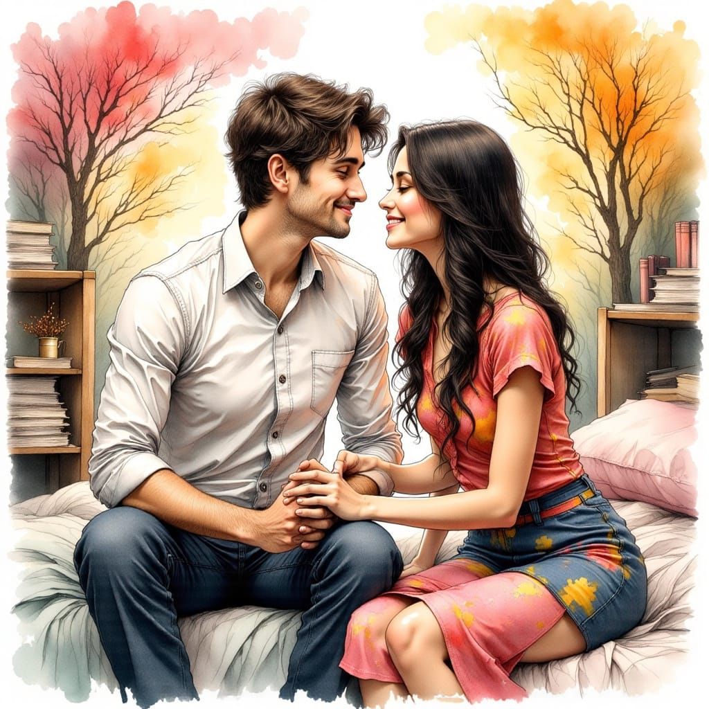 Romantic Dorm Room Scene in Ink Drawing Style