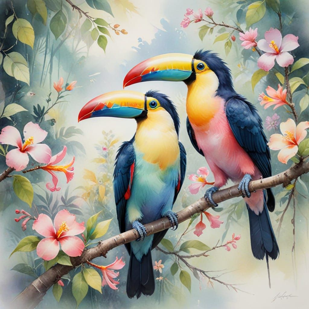 Pastel Toucans in Impressionist Watercolour Painting