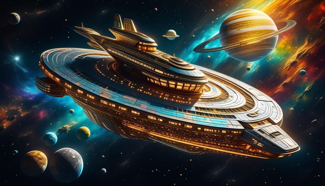 Golden Starship Sails Multicolored Universe in HDR