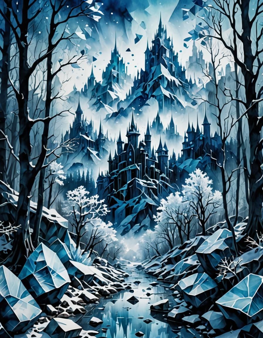 Blue Fractal Watercolor Forest and Cityscape