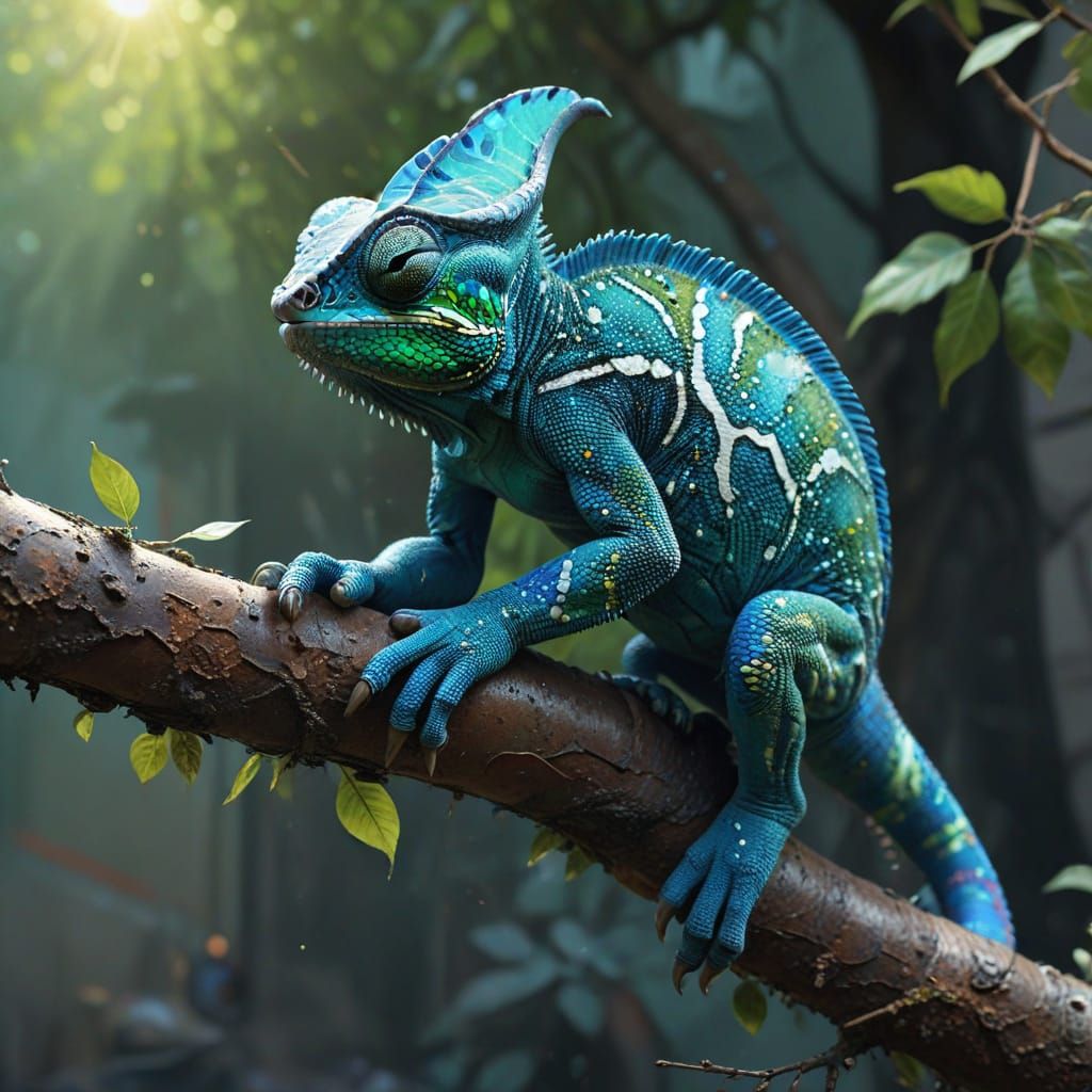 Vibrant Chameleon Street Art in Oil Gouache and Acrylic Fusi...