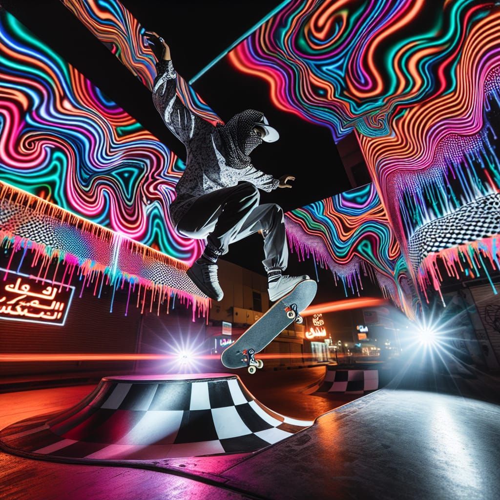Skateboarder's Night Dance: Psychedelic Neon Art