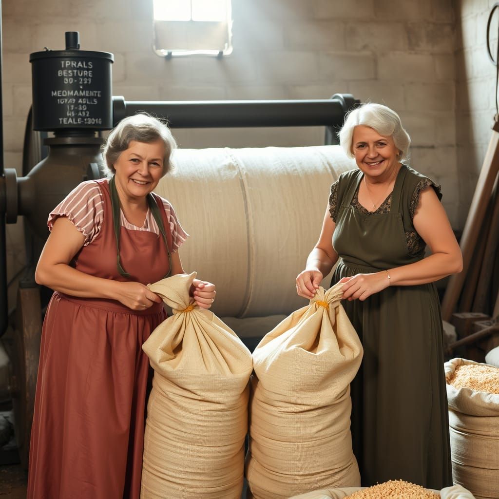 Women Tying Grain Sacks in Old Mill