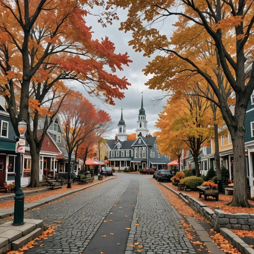 Quaint Autumn Town in Maine: Mixed Media Art