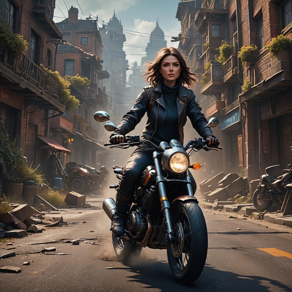 Girl on Motorbike: Detailed Fantasy Concept Art