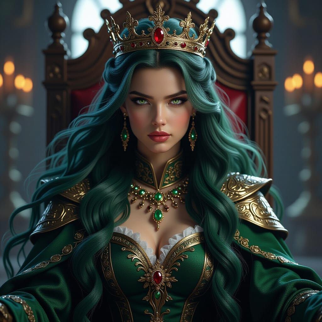 Powerful Fantasy Queen with Green Hair on Throne