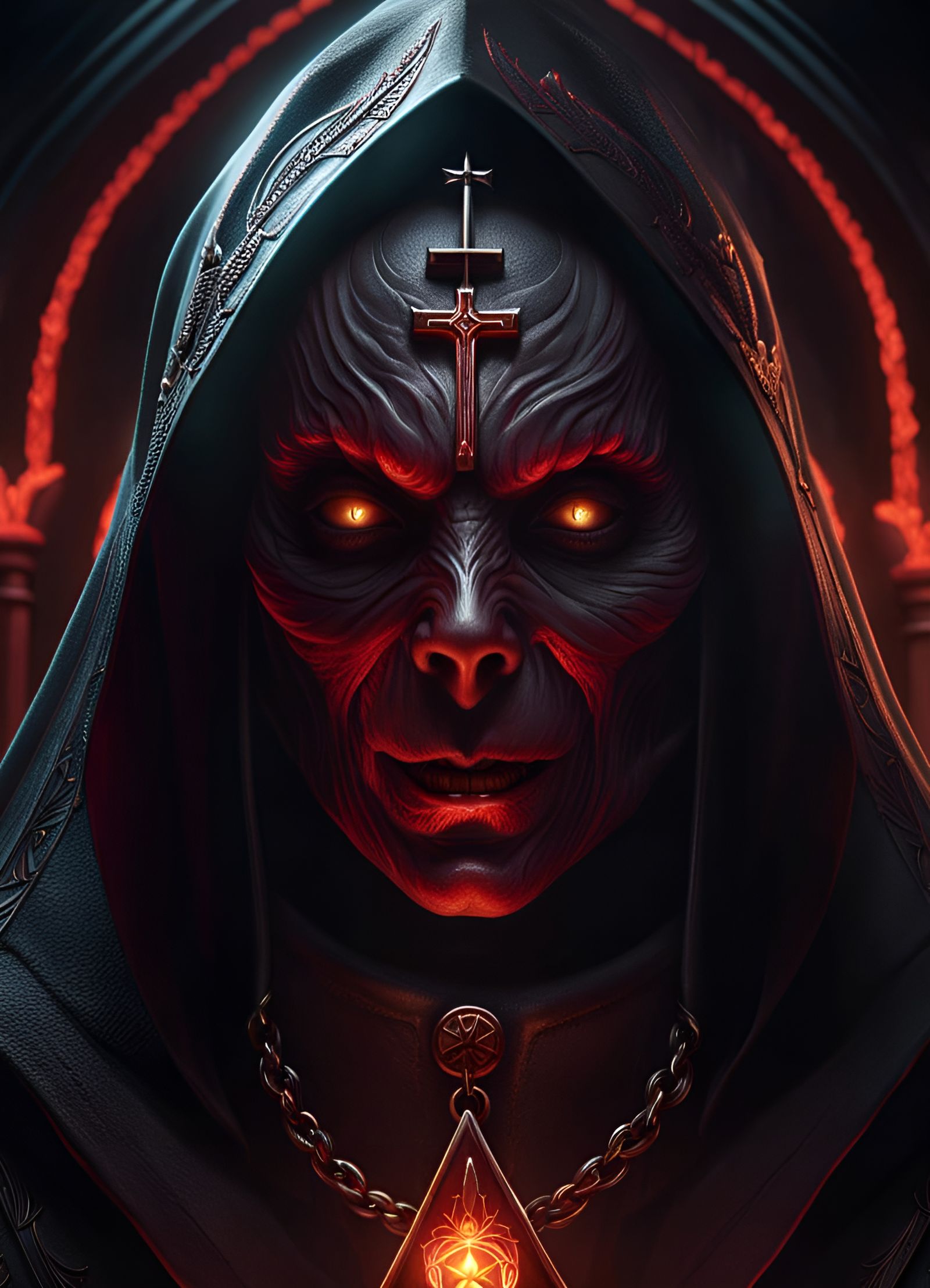 Demonic Nun Portrait in Hellish Landscape