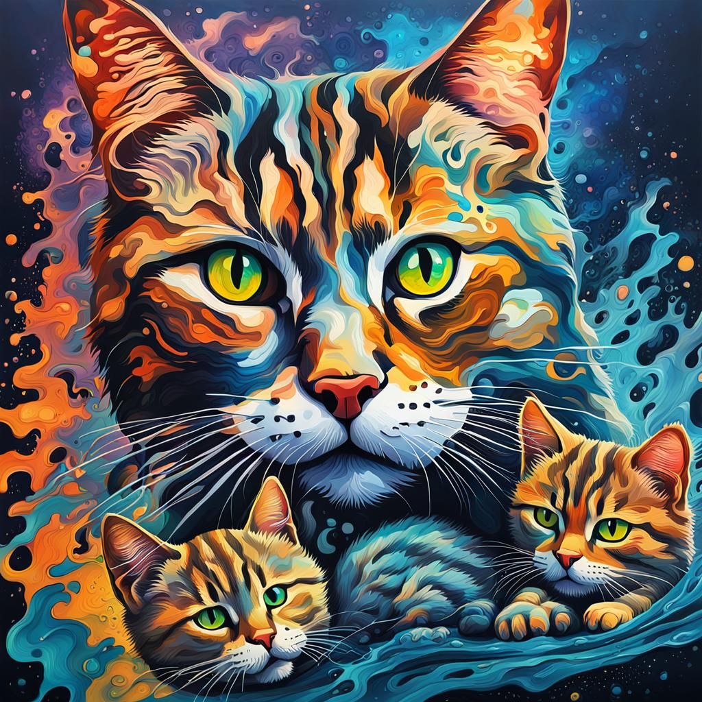 An ink Oil Painting of a Mother Cat with her kittens, Hyperr...