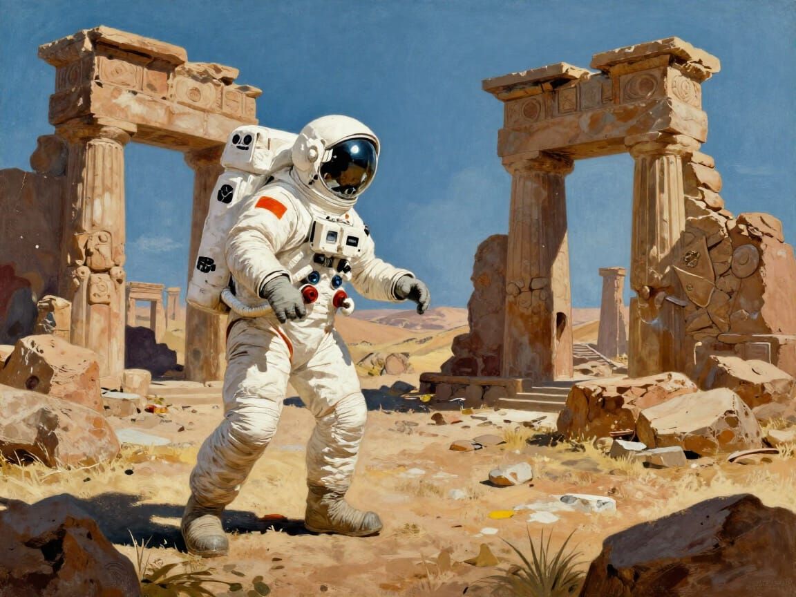 Astronaut Explores Ancient Ruins in 1950s Sci-Fi Style
