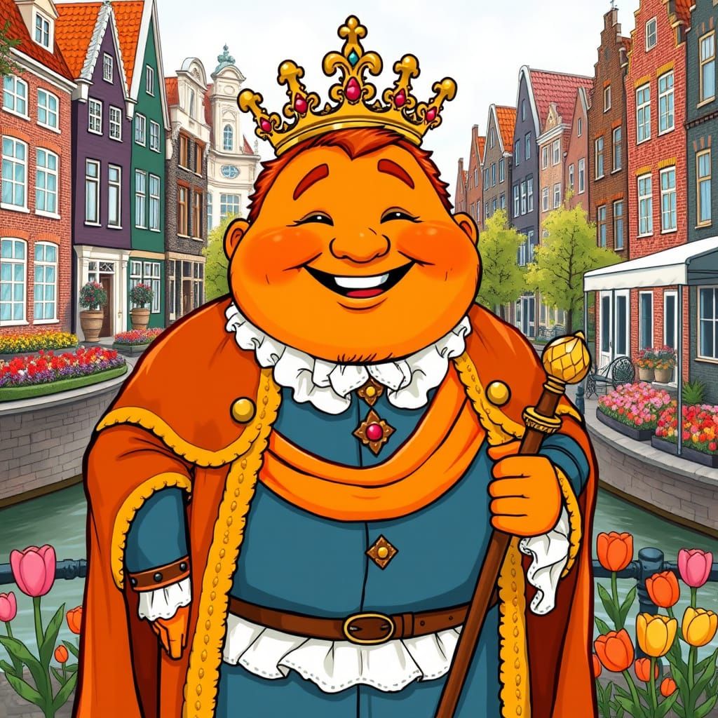 Jovial Orange Monarch in Whimsical 18th-Century Dutch Cartoo...
