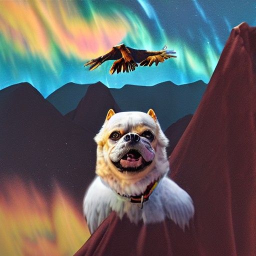 Dog Riding Eagle Over Mountains in Hyperrealism