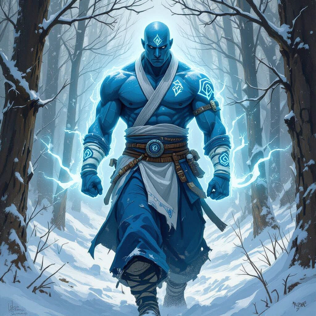 Frost Goliath Monk in Snowy Forest, Matte Painting