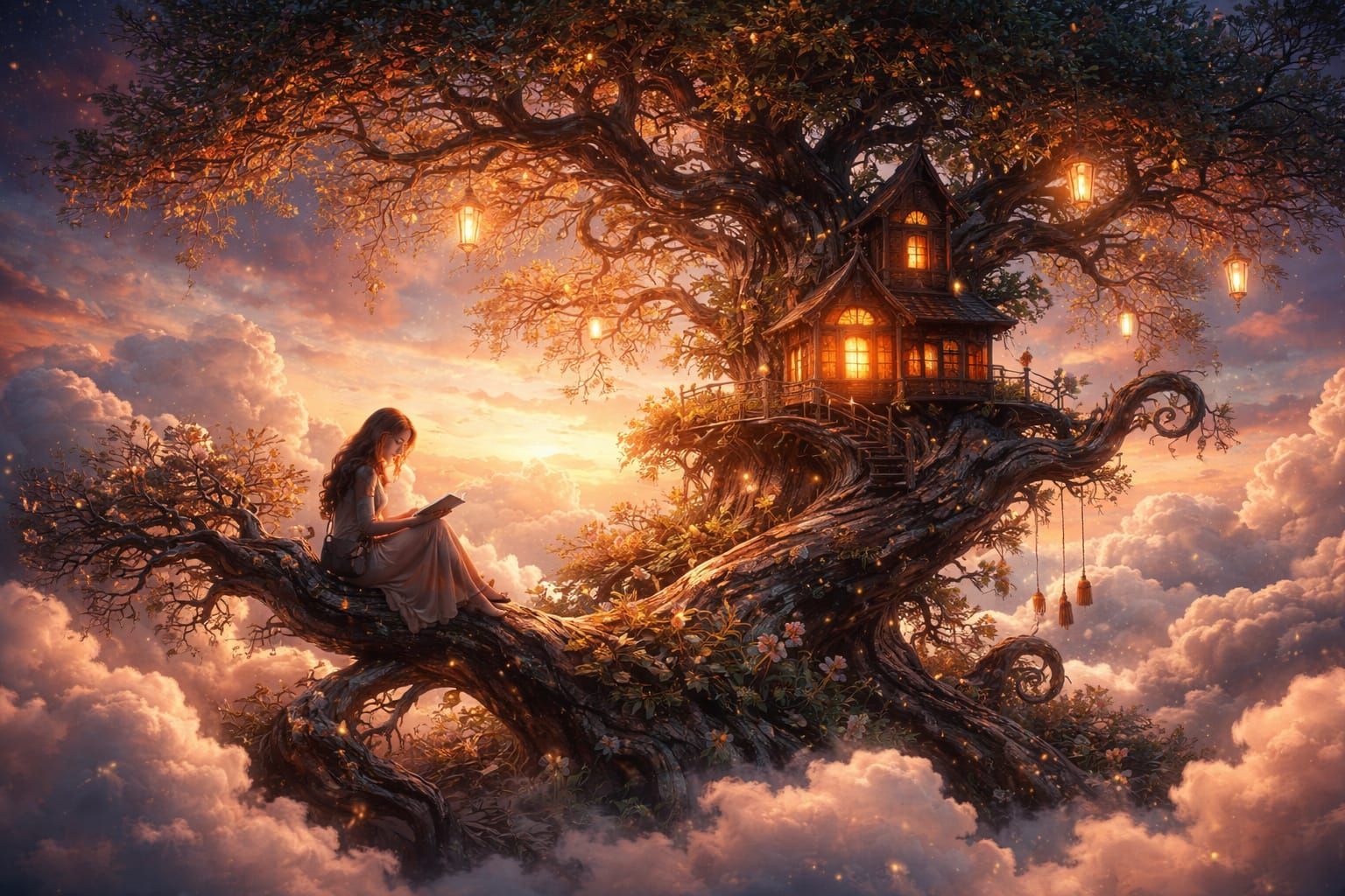 Girl Reading in Magical Treehouse on a Cloud at Sunset