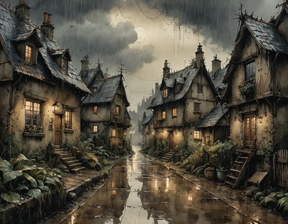 Rainy Village Scene in Watercolor and Ink Style