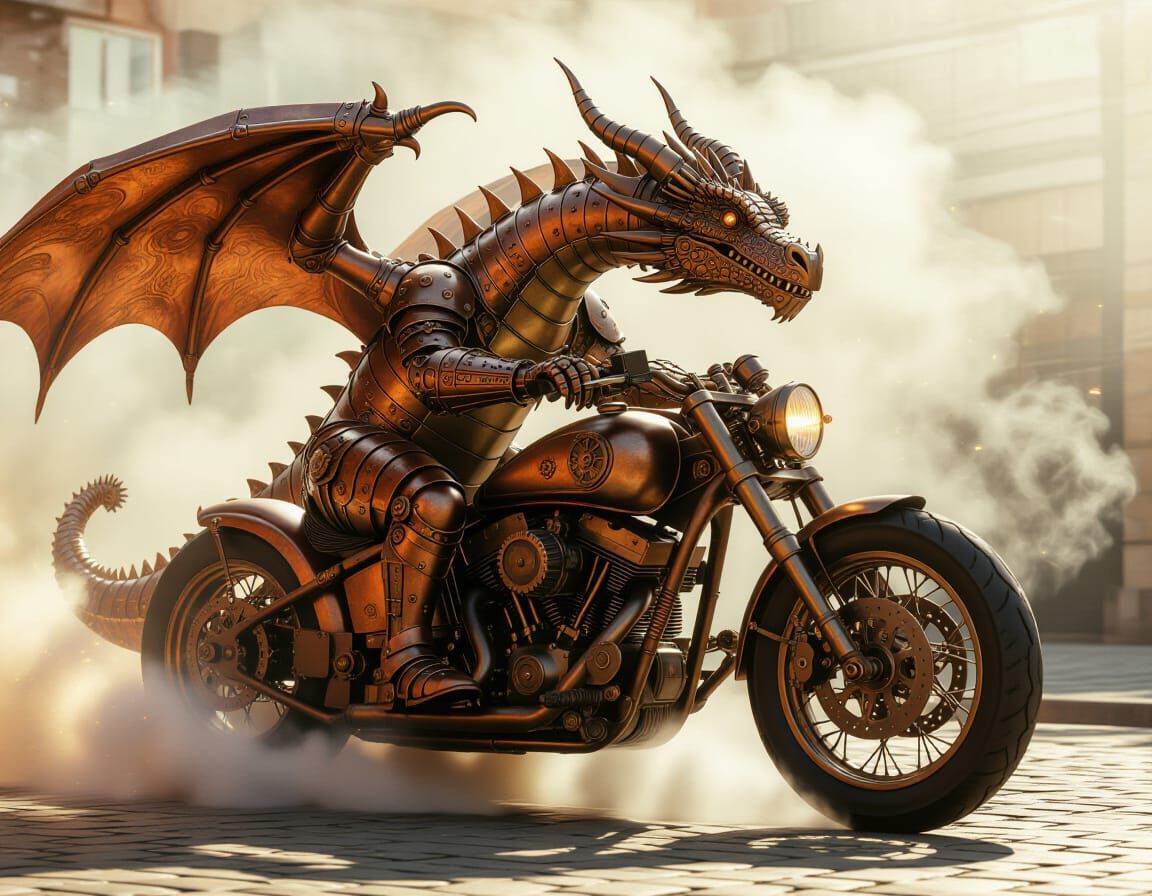 Steampunk Dragon Rider on Motorcycle