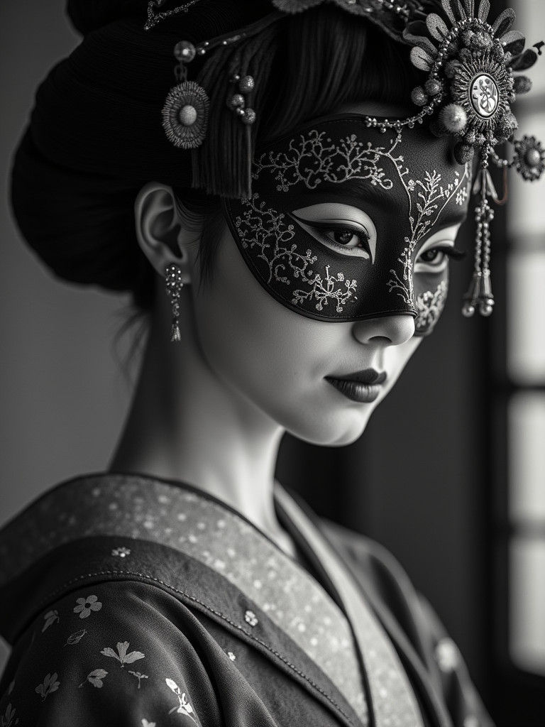 Geisha with Kintsugi Mask in Black and White Photo