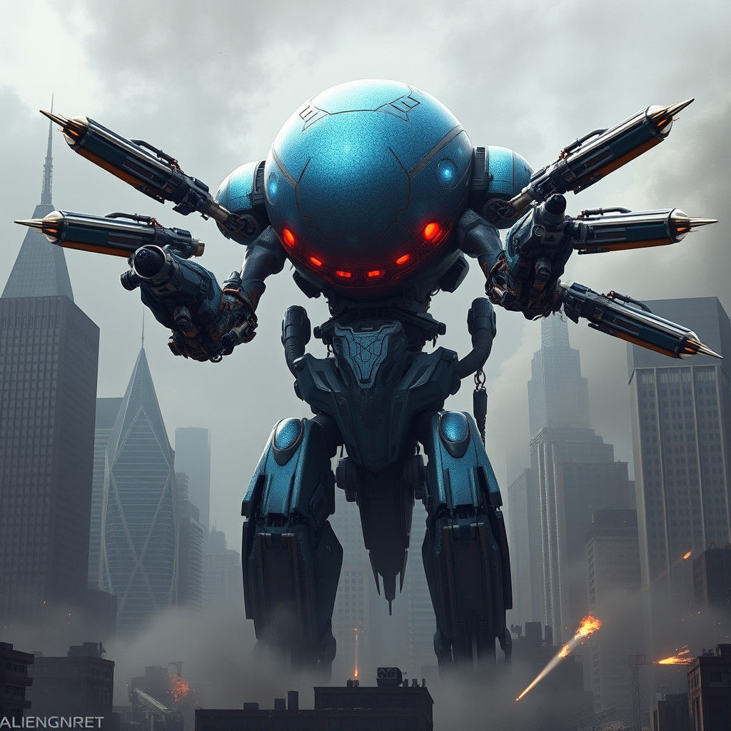 Alien Sky Golem: Mechanical Monster in Dystopian Cityscape