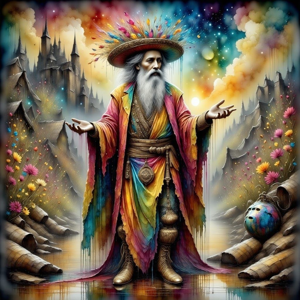 Wizard Sprinkling Holy Water in Fantasy Landscape