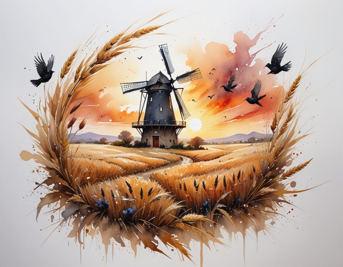 Golden Wheat Fields at Sunset in Watercolor Style
