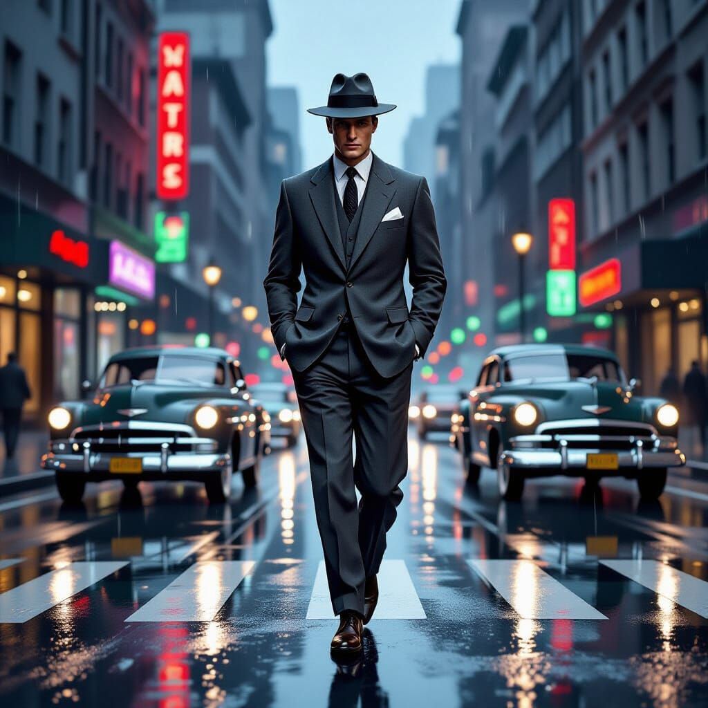 1950s Gentleman Crossing Rainy Street in Oil Painting Style