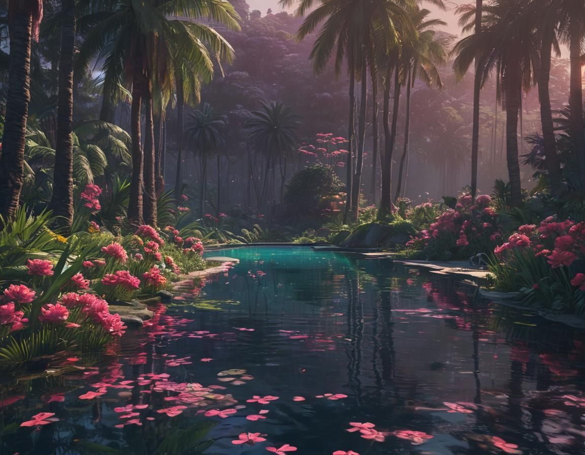 Tranquil Oasis at Sunset: A Hyper-Realistic Digital Painting