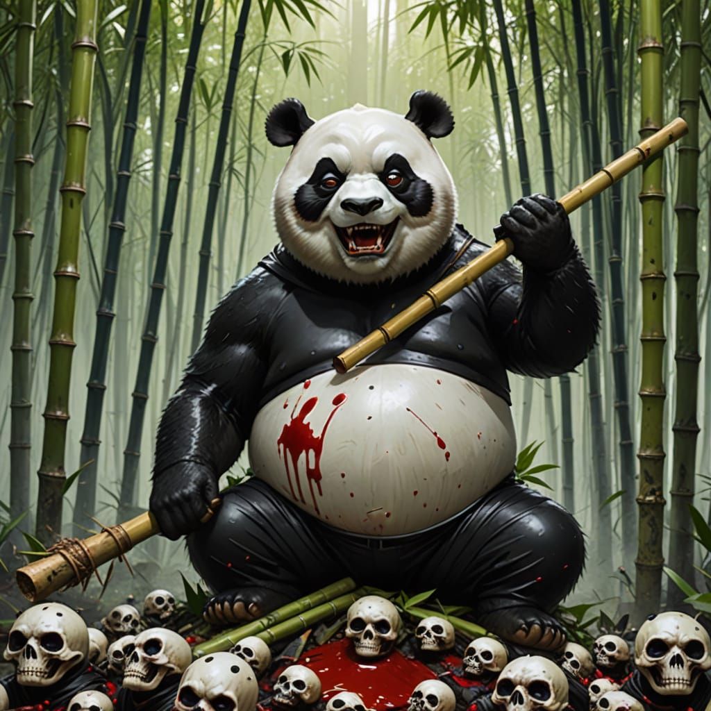 Evil Panda Supervillain with Bloody Bamboo Staff