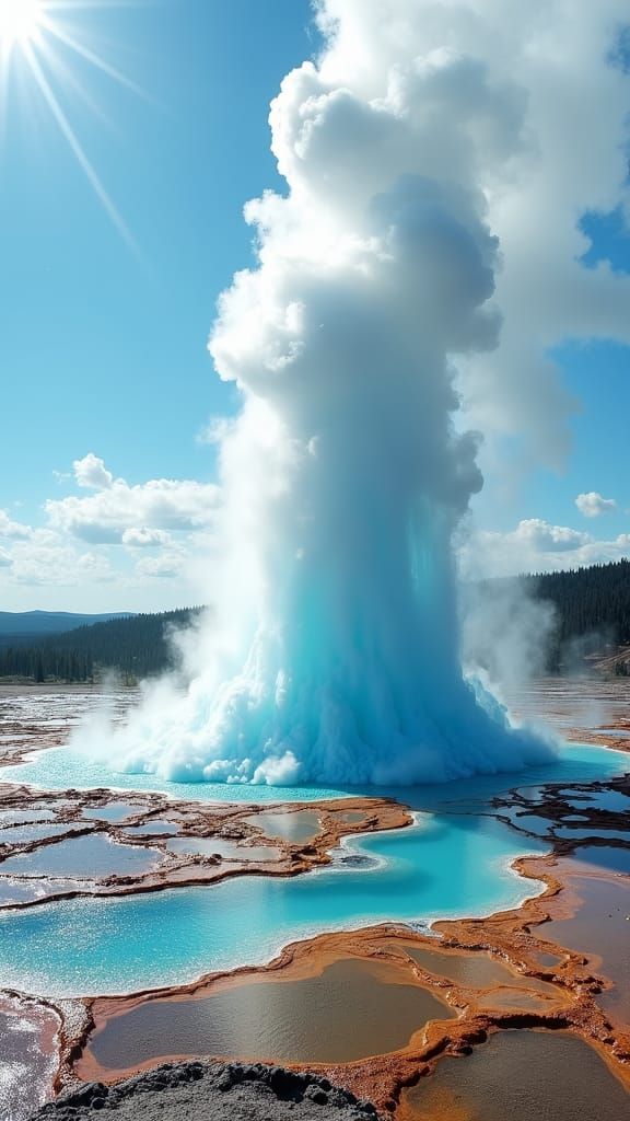 Geysers Erupting from Geothermal Landscape in Origami Style