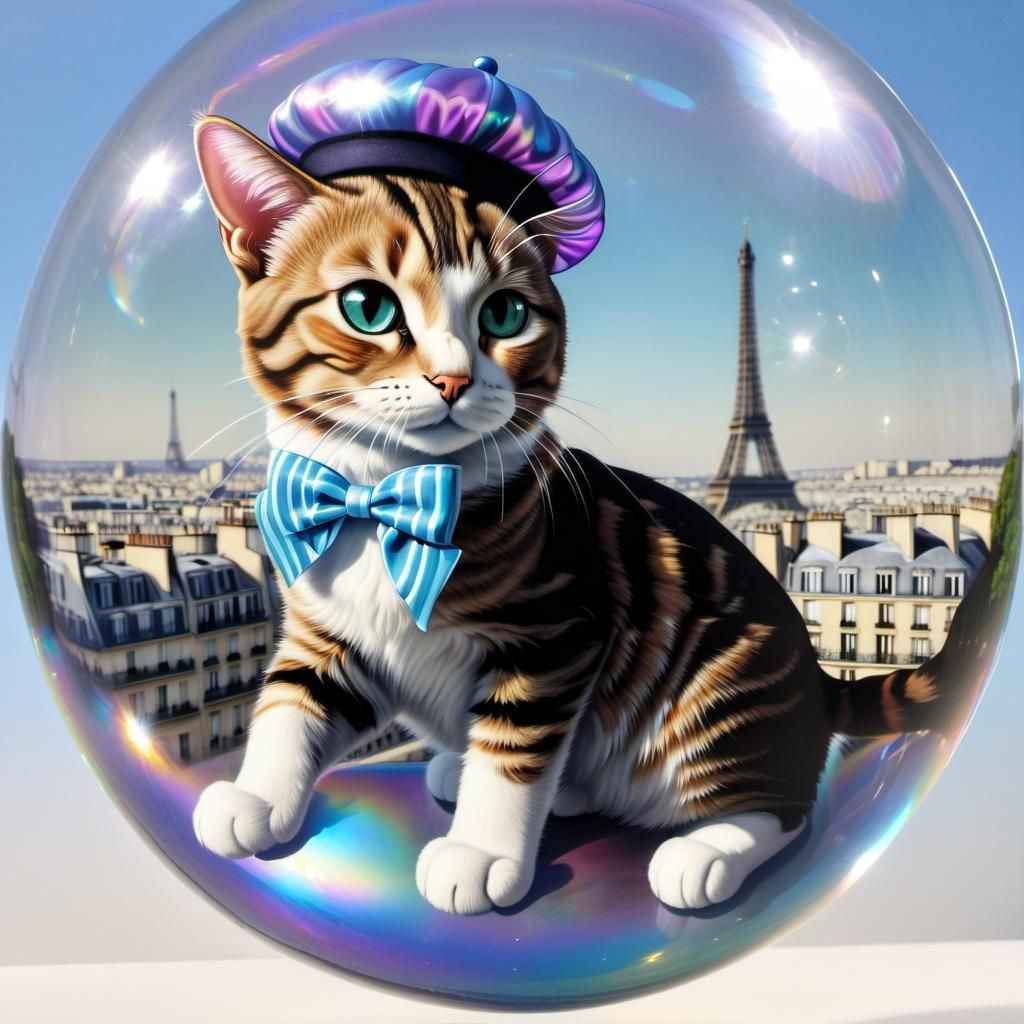 Bubble Kitty Over Paris: French Cartoon Feline