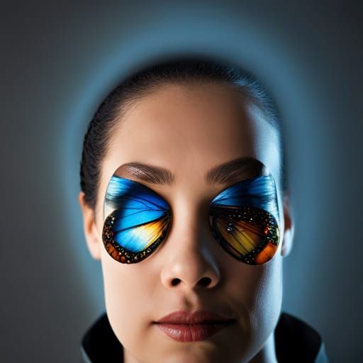 Woman with Butterfly Mask Overlooking City