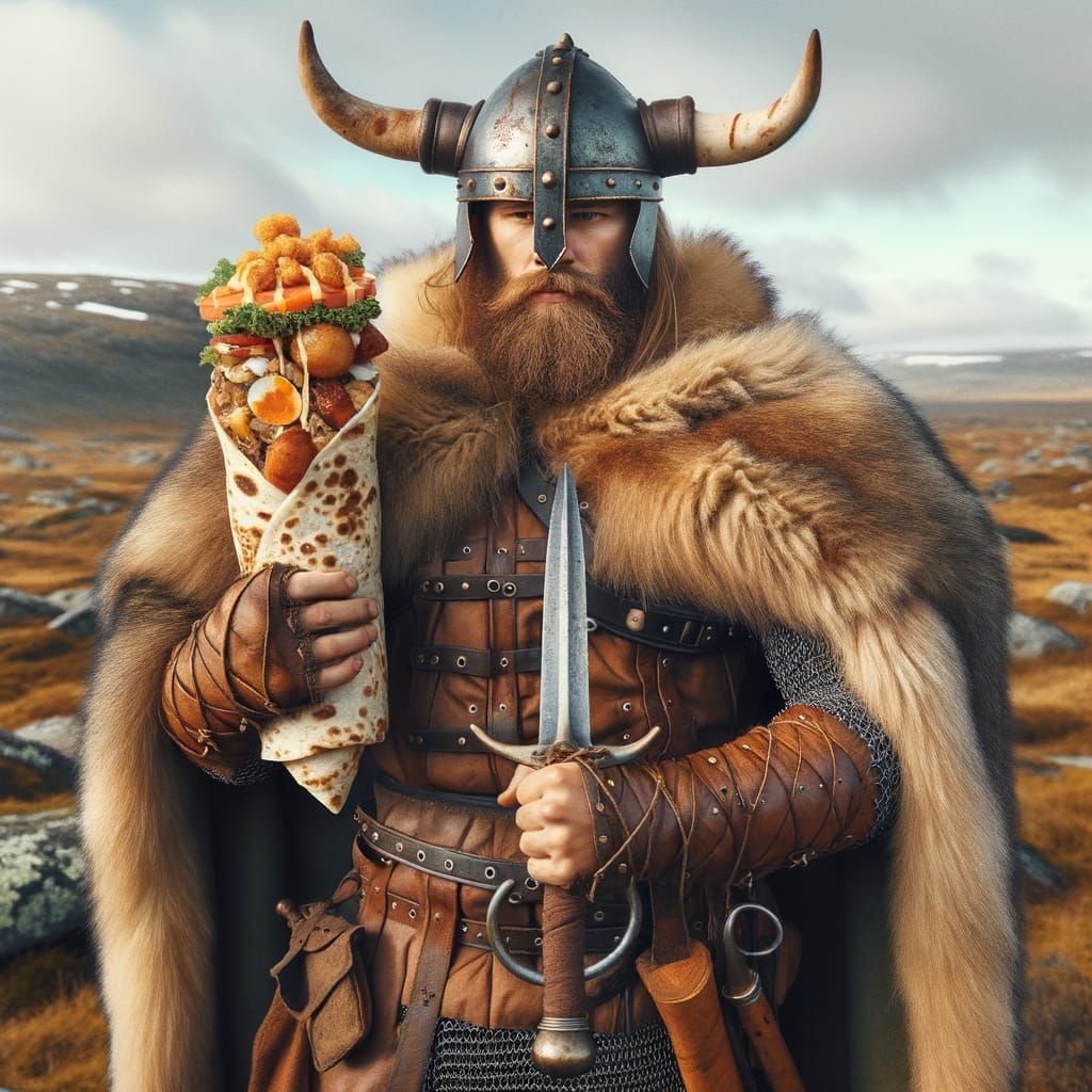 Viking Warrior Enjoying Swedish Street Food Wrap