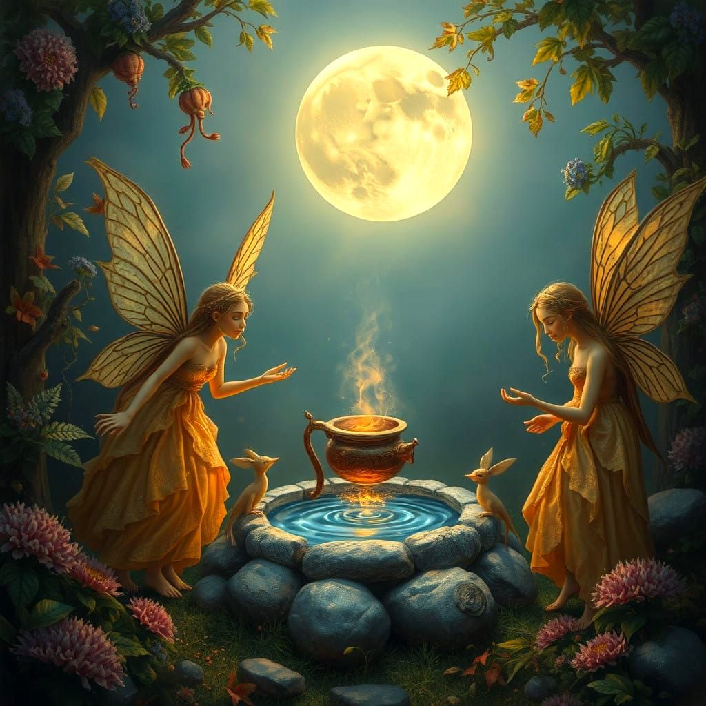 Whimsical Fairies Gather Around Glowing Moonlit Still