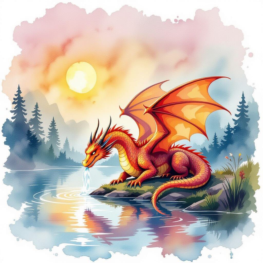 Dragon Drinks at Lake in Watercolor Style